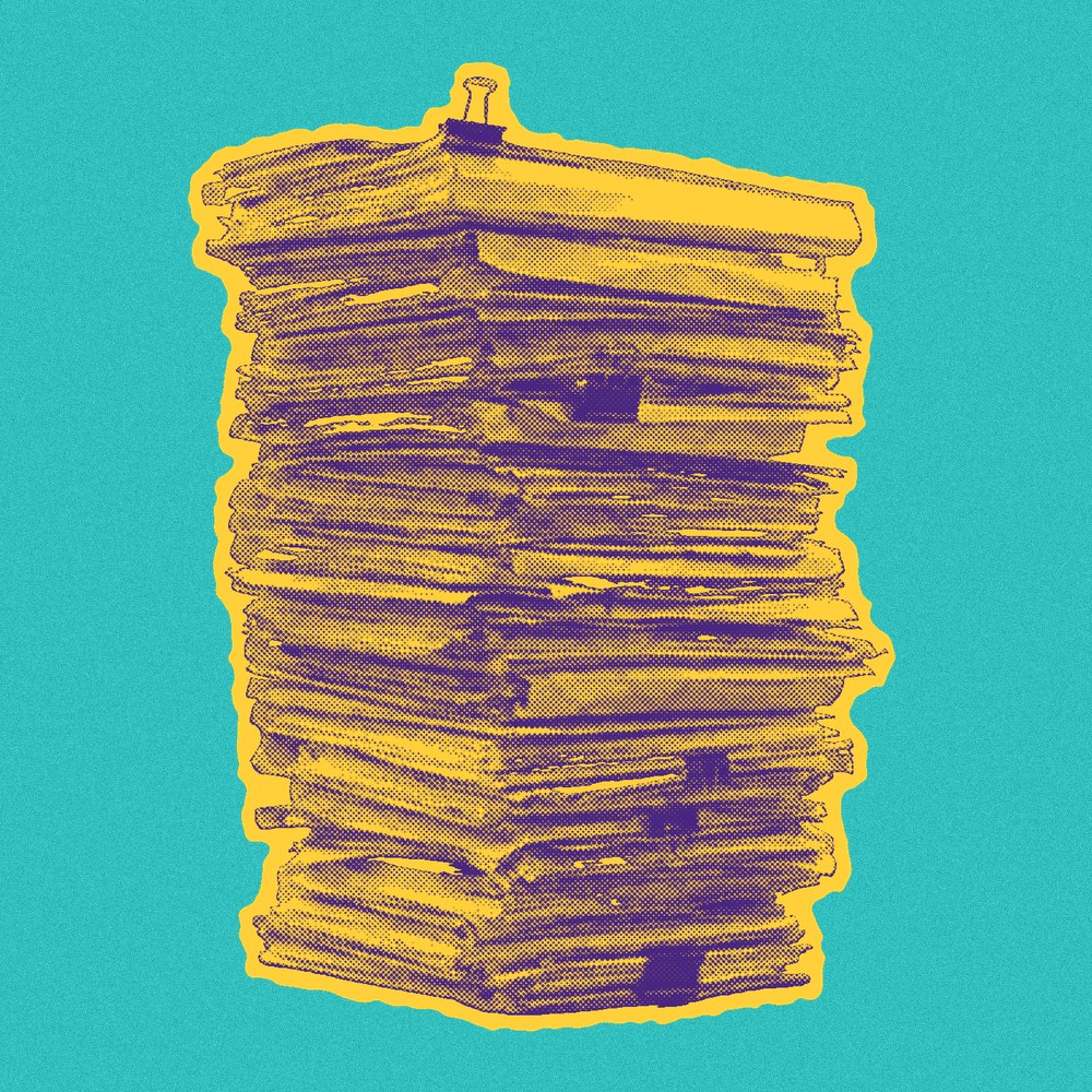 Newsprint cut-out of a stack of bulging file folders.