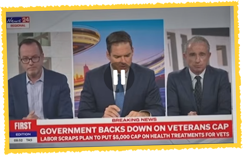 Sky News screenshot. Breaking news: Government backs down on veterans cap. Labor scraps plan to put $5,000 cap on health treatments for vets.